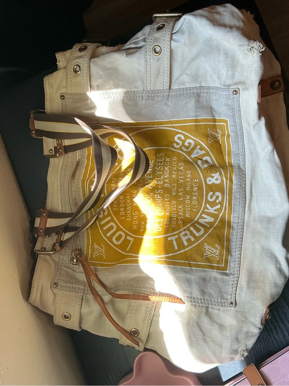 Louis Vuitton Beige Canvas Hobo with Mustard Yellow Logo Print